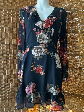 Lulus Black Floral Ruffle Dress Sheer Sleeve Romantic Boho S